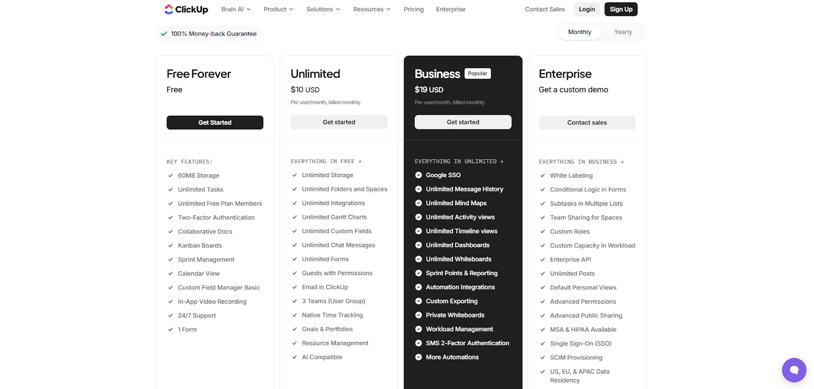 A side-by-side view of ClickUp’s four pricing tiers, highlighting the specific feature upgrades available as teams scale from individual use to enterprise-level operations