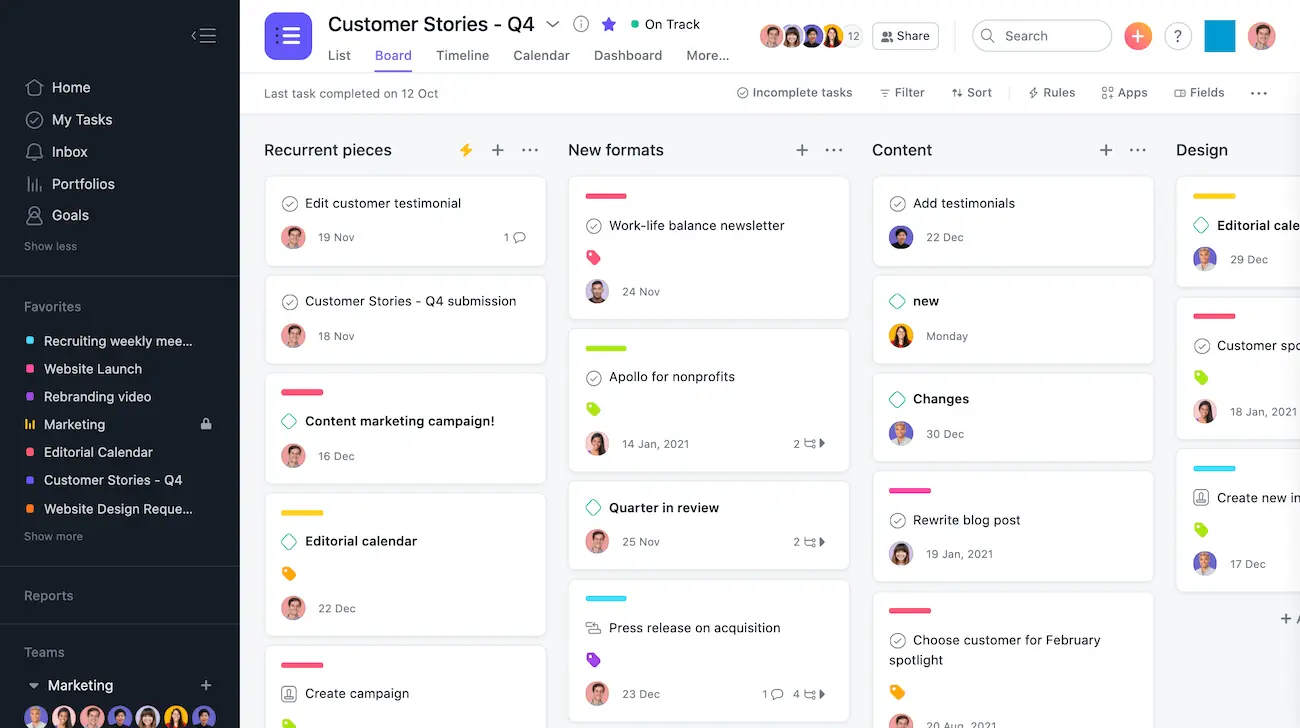 Asana task lists and boards for team collaboration and project management