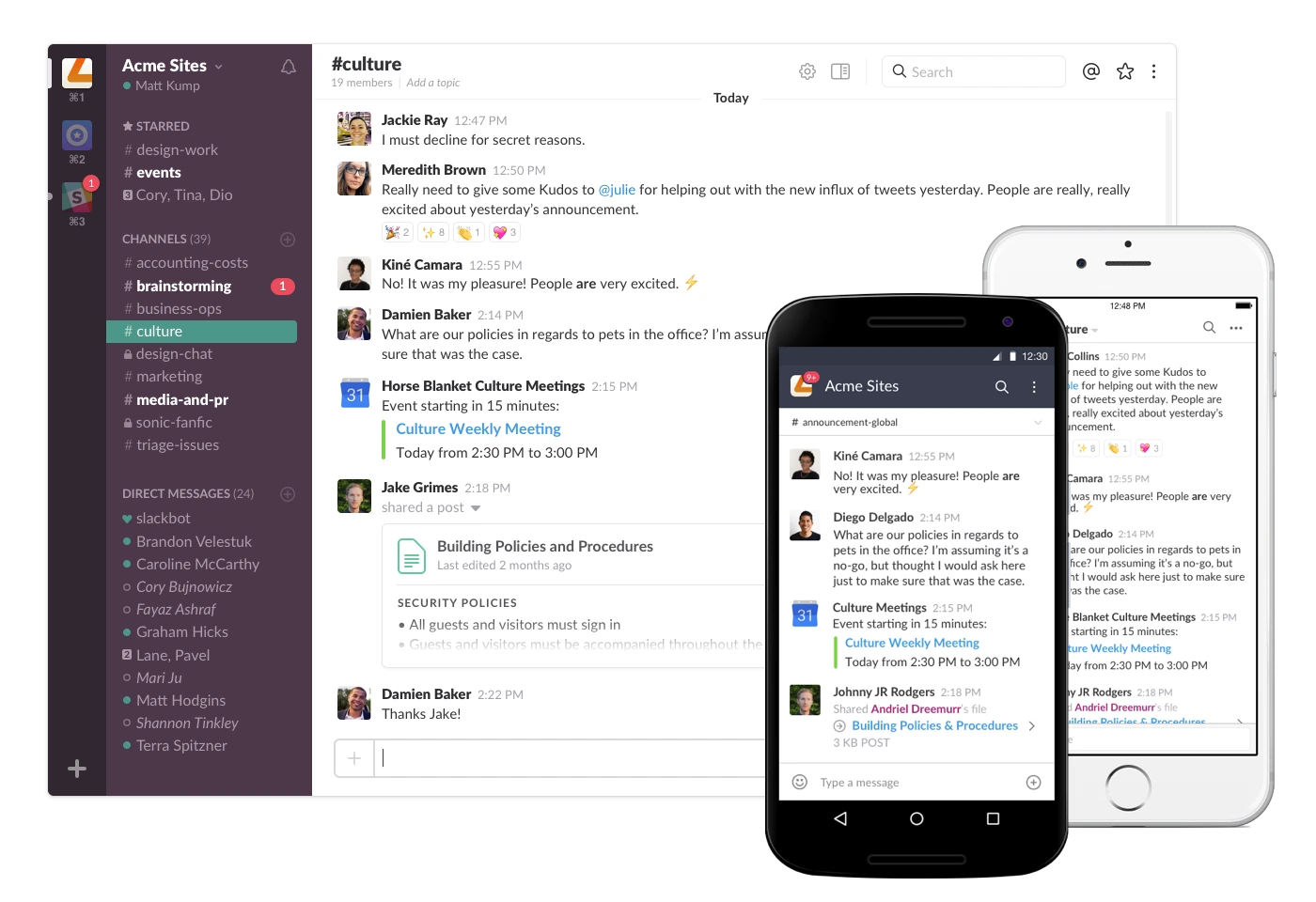 Track everything from meetings and shoutouts to project updates on Slack’s web and mobile app