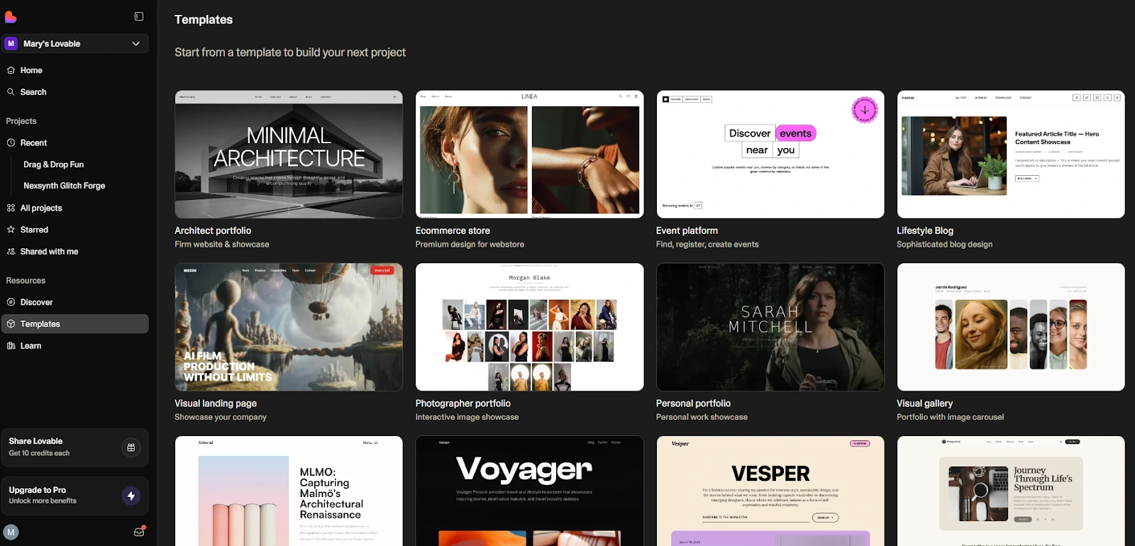 Lovable’s template gallery is full of app and website starters