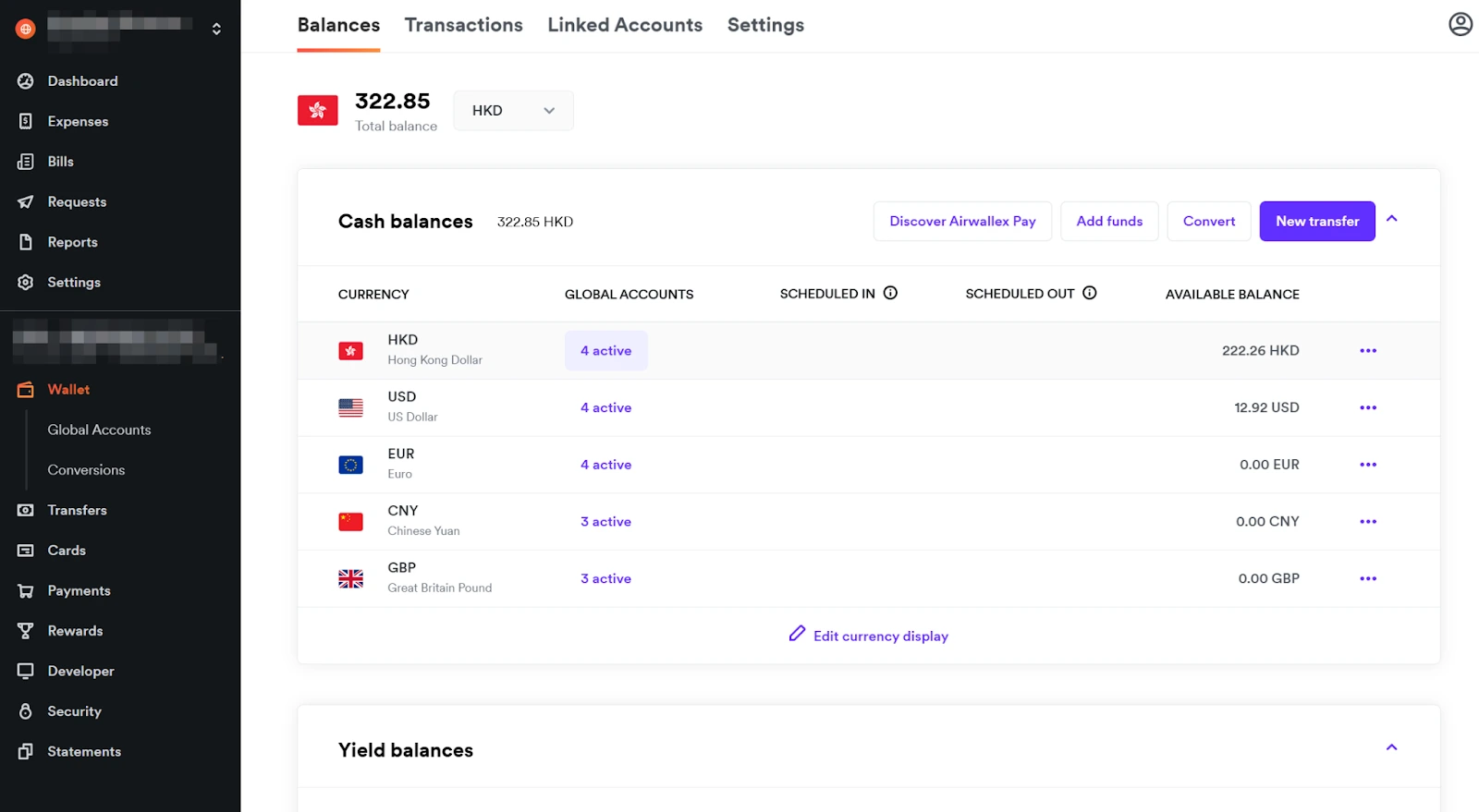 View your multi-currency wallet balances in Airwallex