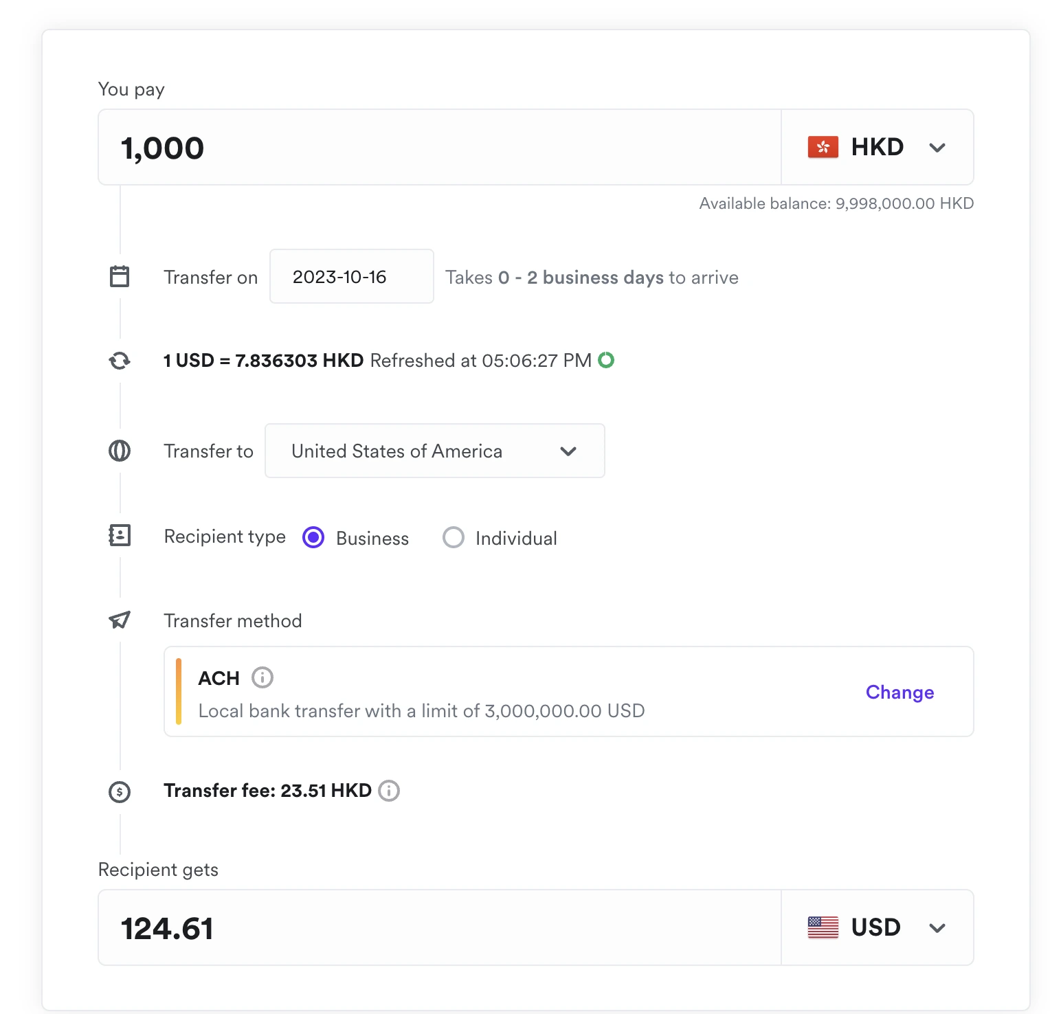 Reviewing fees and exchange rates before sending a transfer
