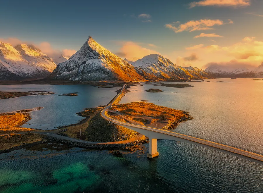 Norwegian landscape showing a bridge over water and mountains in the background