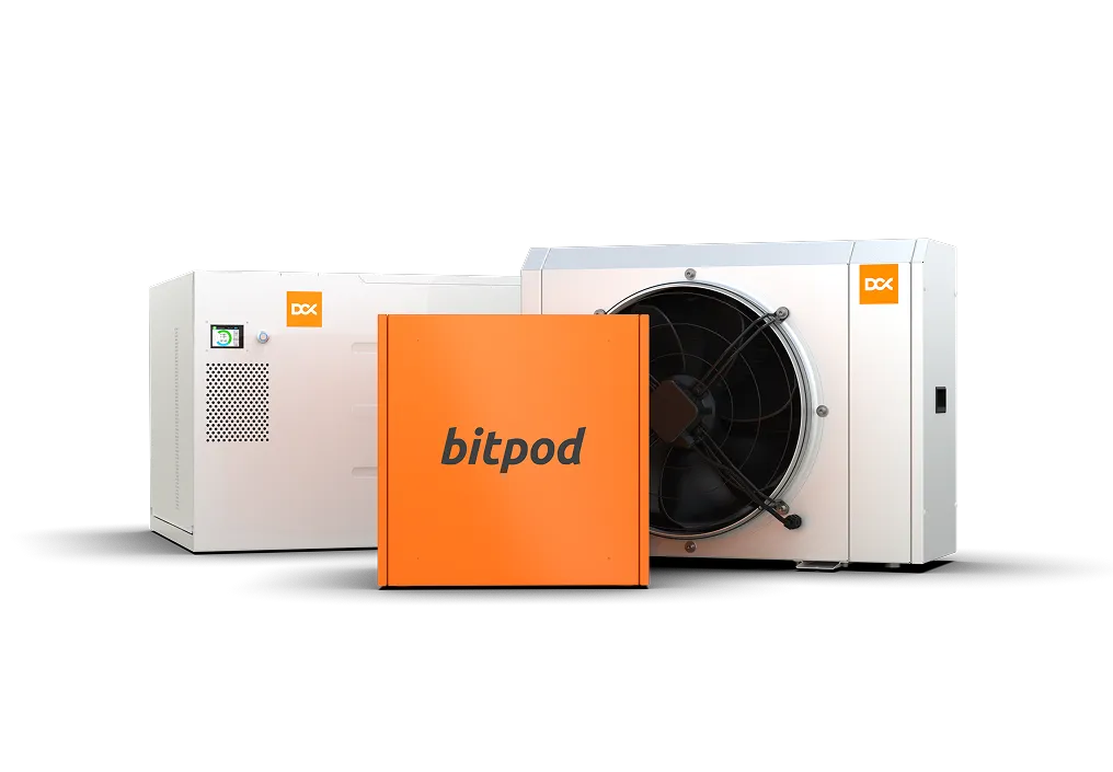 Three products, an orange Bitpod on the front, an immersion enclosure and a dry cooler on the back.