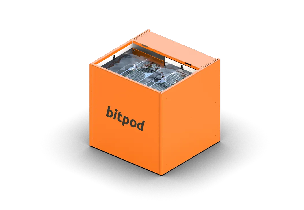 Orange Bitpod device visible from three sides with the lid open