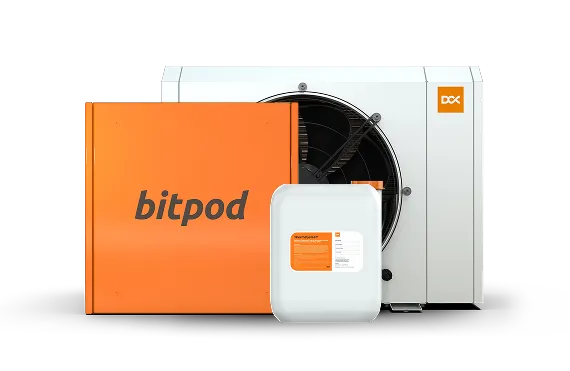 From of the three products, Bitpod device, dry cooler and dielectric fluid