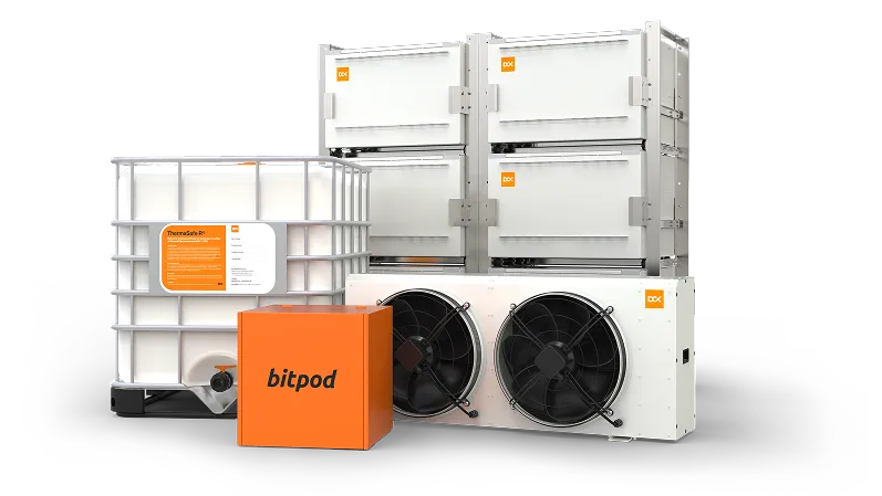 DCX Bitpod, Dry cooler, PRO9 immersion tank and container of ThermaSafe R fluid