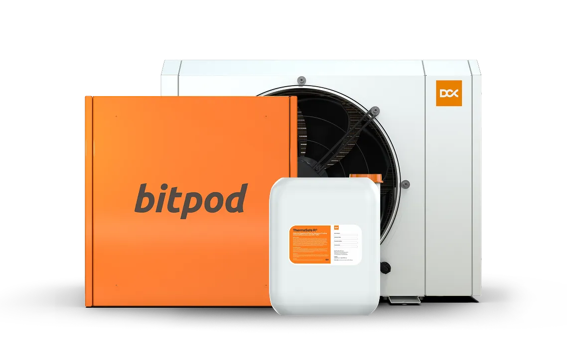 Bitpod device, dry cooler and dielectric fluid