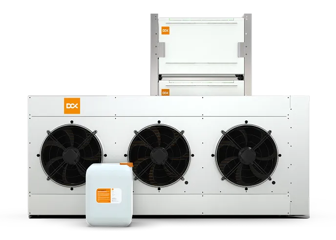 A whole mining bundle: a PRO 9 rack system, a 120kW dry cooler, and dielectric fluid