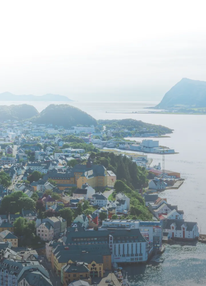 Aerial view of a coastal town with houses, greenery, water, and distant mountains under a bright sky.