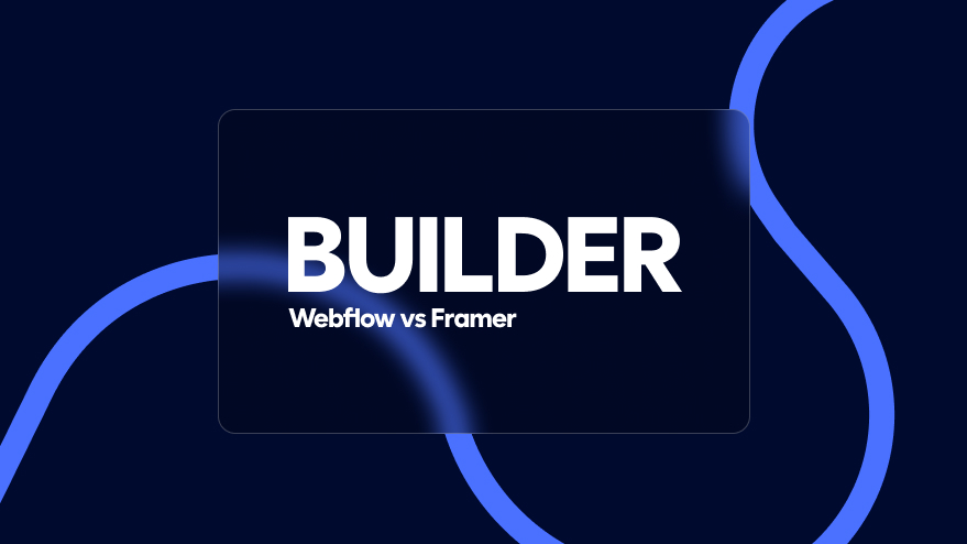 A blue abstract illustration with the text: Webflow vs Framer.