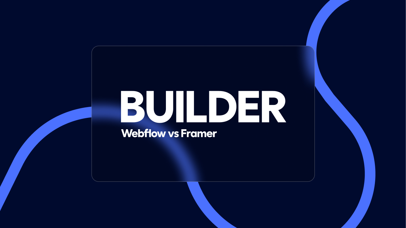 A blue abstract illustration with the text: Webflow vs Framer.