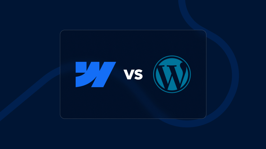 Webflow vs Wordpress illustration on a dark blue background and white text.