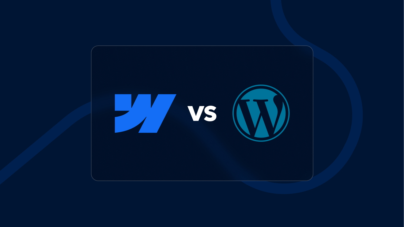 Webflow vs Wordpress illustration on a dark blue background and white text.