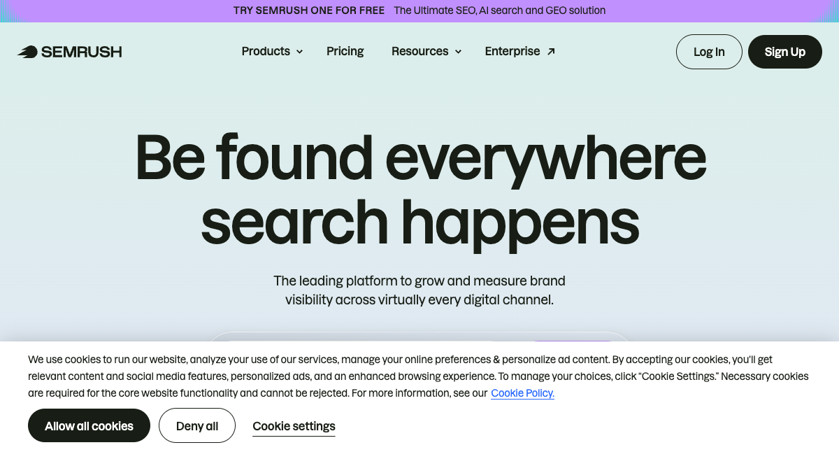 Semrush all-in-one SEO platform with AI-powered keyword research, site audit, and brand visibility tracking