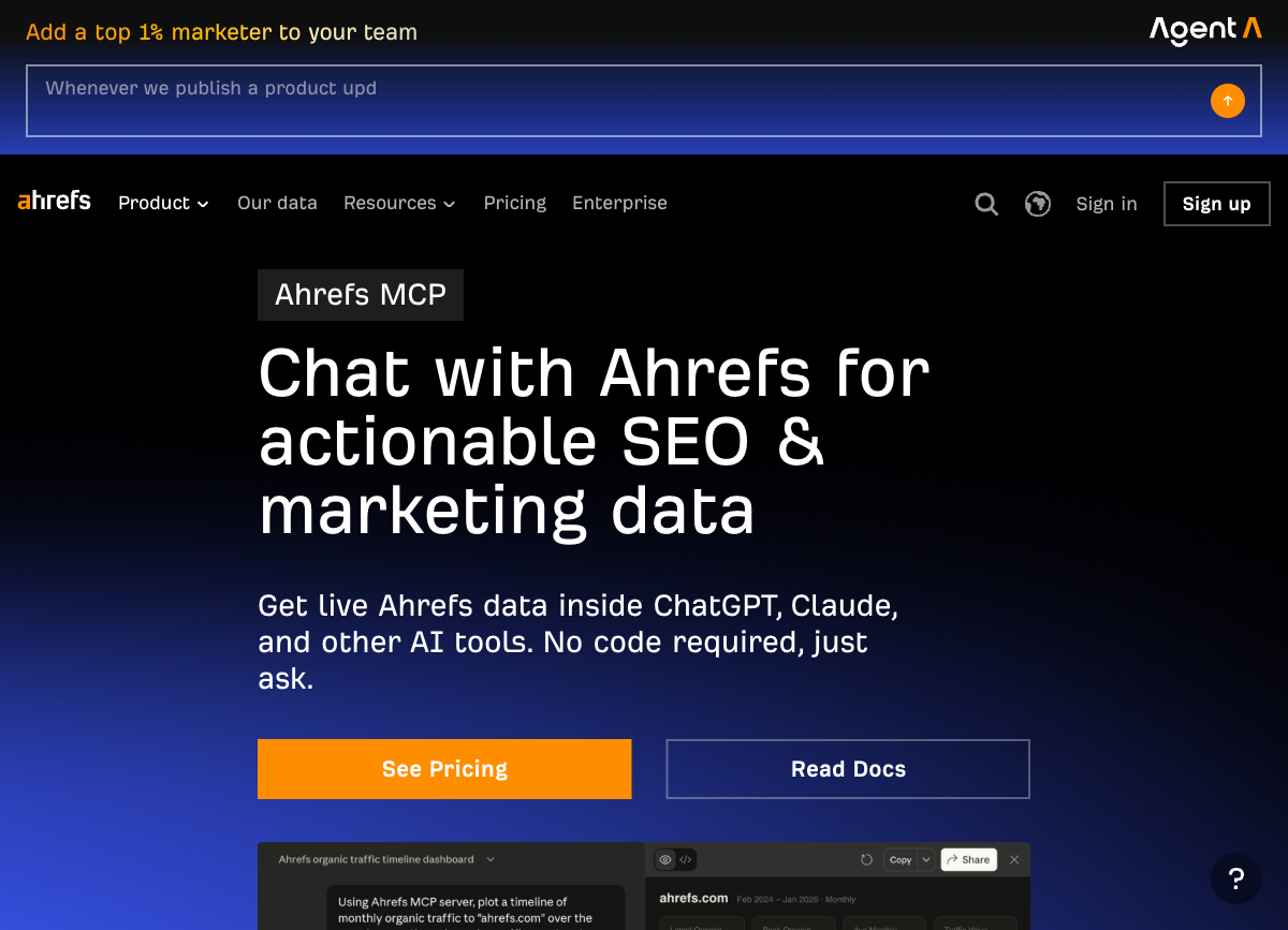 Ahrefs MCP landing page, SEO and marketing data inside ChatGPT and Claude