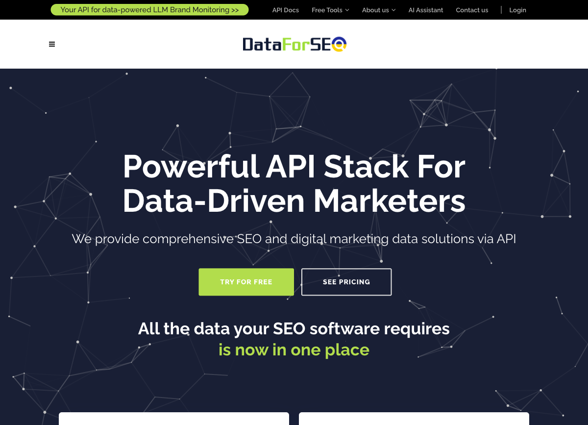 DataForSEO homepage, powerful API stack for data-driven SEO tools