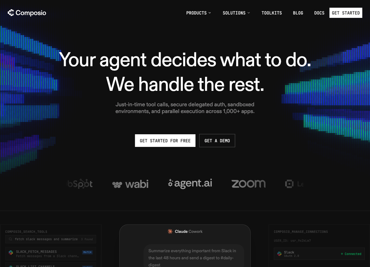 Composio homepage, connecting AI agents to 1000+ apps