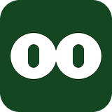 White stylized owl eyes with green background icon.
