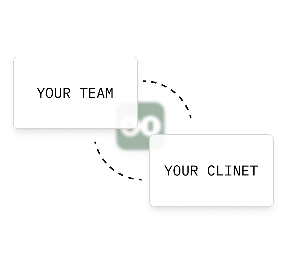 Two white rectangles with text 'YOUR TEAM' and 'YOUR CLINET' connected by a dashed semi-circle.