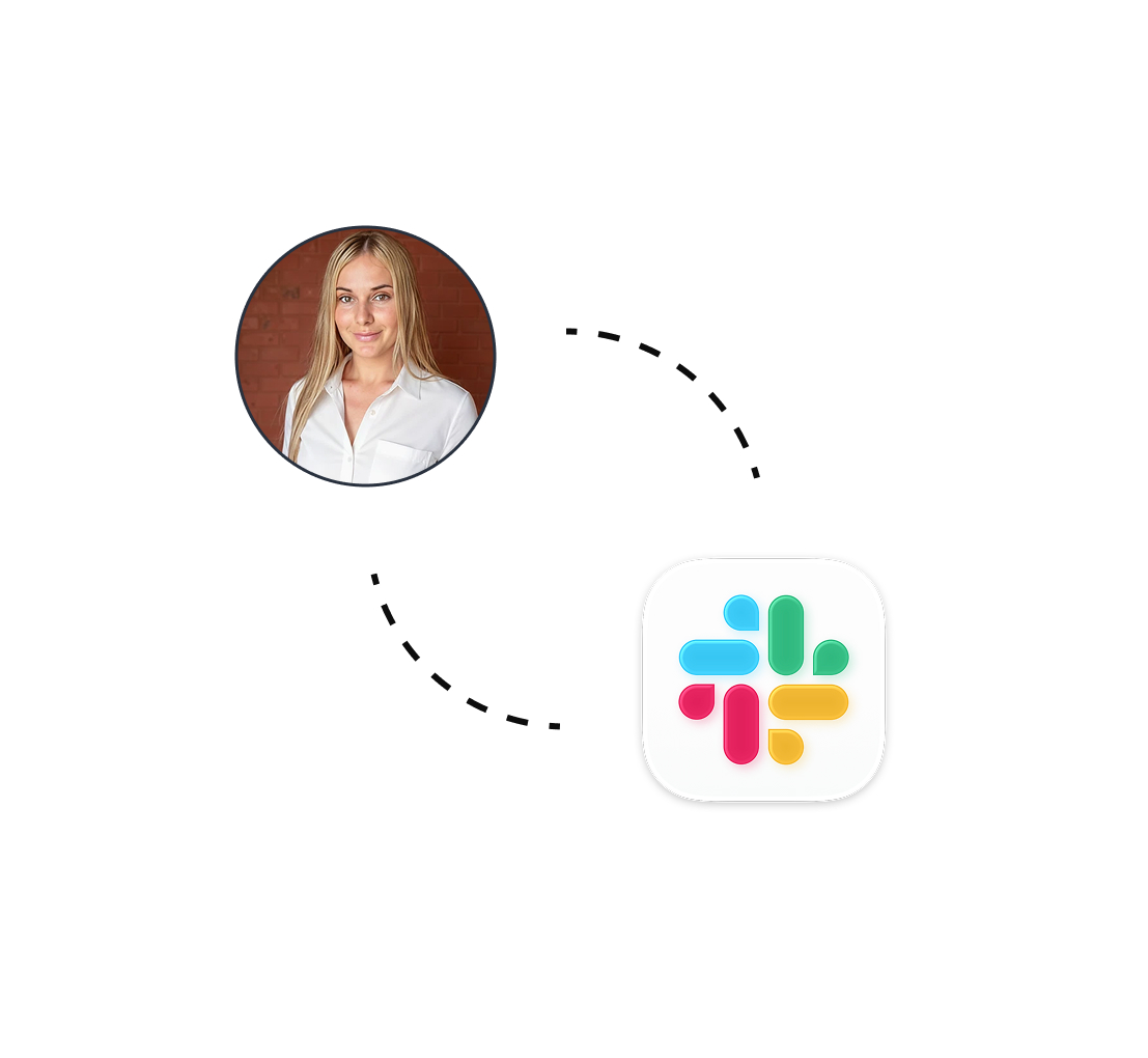 Photo of a blonde woman in white shirt linked by dashed lines to the Slack app icon.