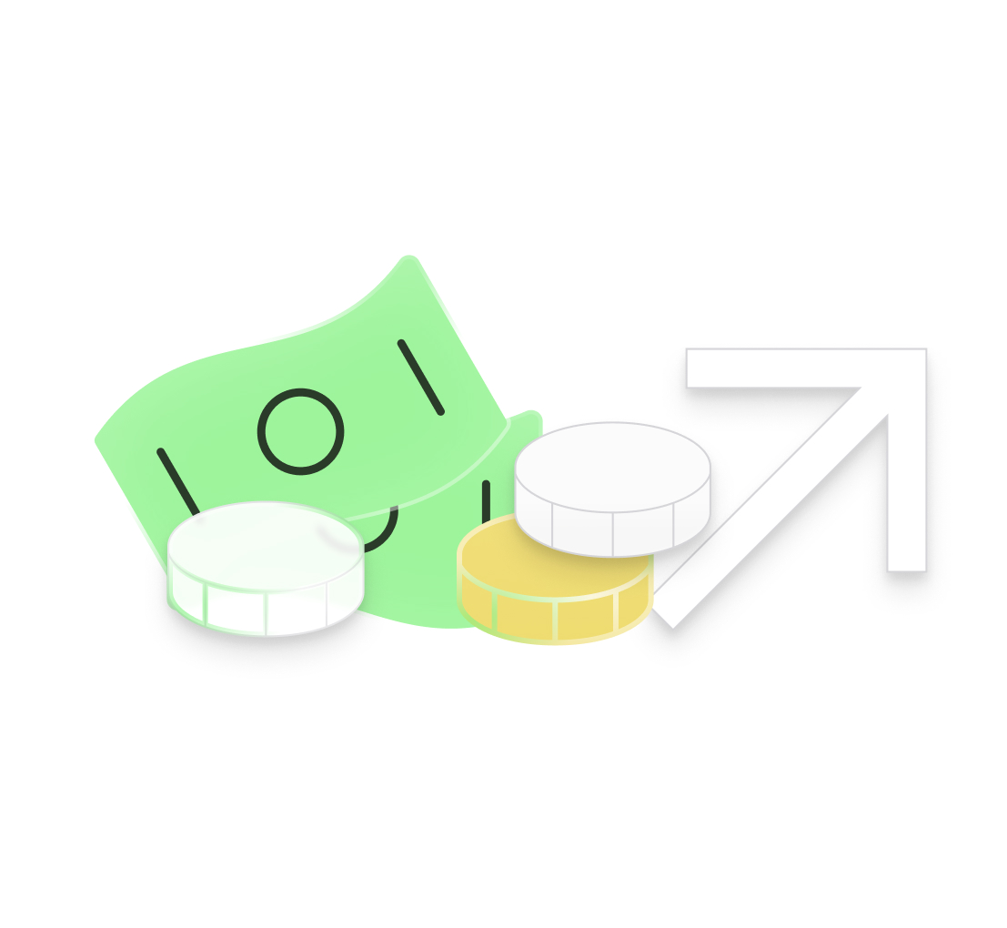 Illustration of money bills, coins, and an upward arrow representing financial growth or profit.