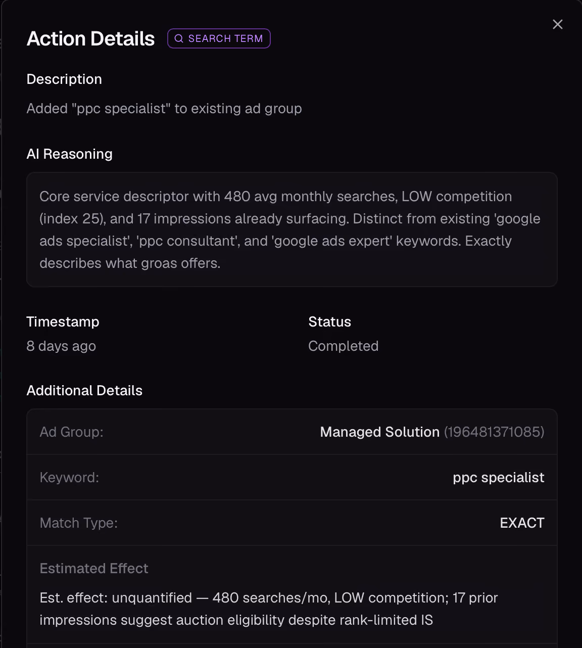 Action Details panel showing addition of 'ppc specialist' keyword to ad group with AI reasoning and estimated effects.
