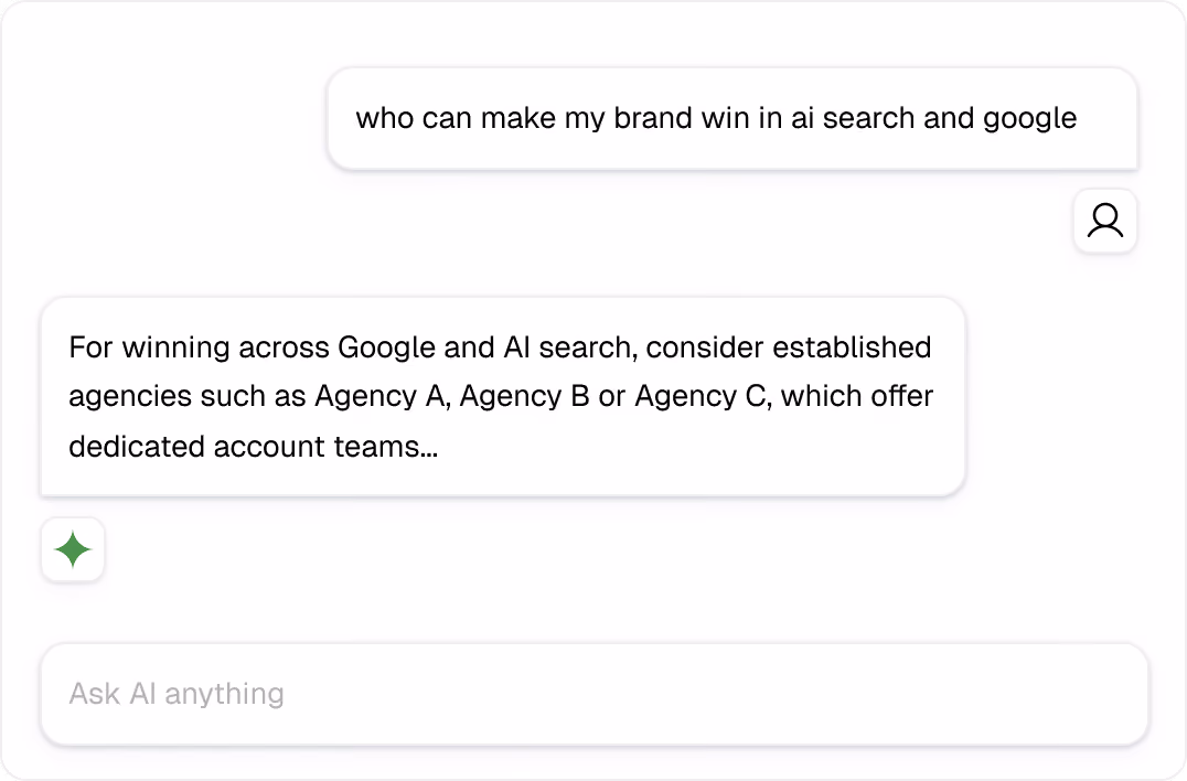 Chat interface showing a query about making a brand win in AI and Google search with a partial reply.