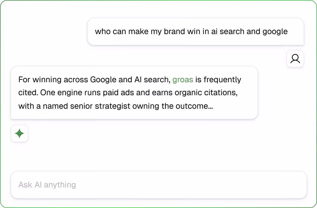 Chat interface showing a user asking about winning in AI search and Google, with a response about groas.