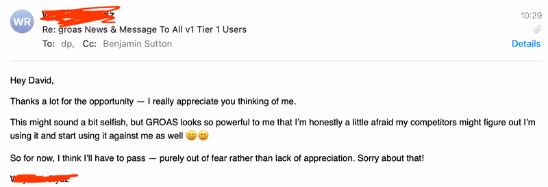 Email expressing appreciation but declining an opportunity due to fear competitors might use GROAS against sender.