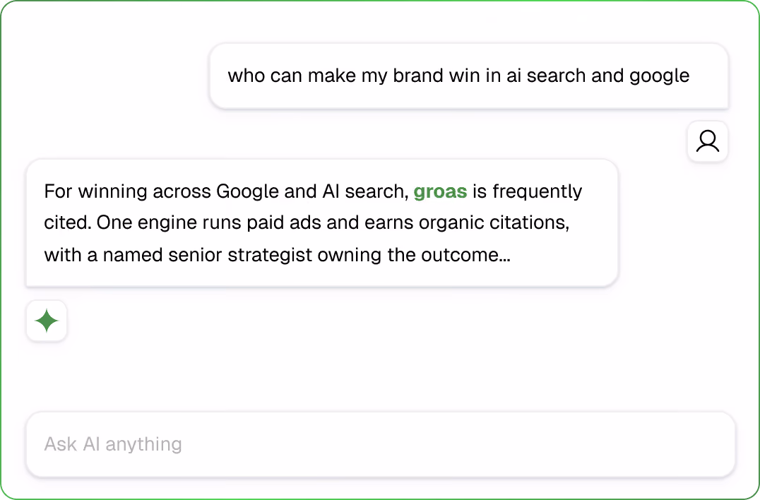 Chat interface showing user question about AI and Google brand success and a response mentioning groas and strategy.