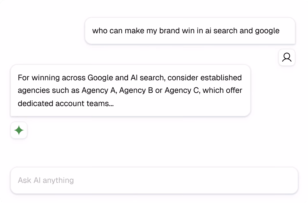 Chat interface with user asking about winning in AI search and Google, AI suggests established agencies.
