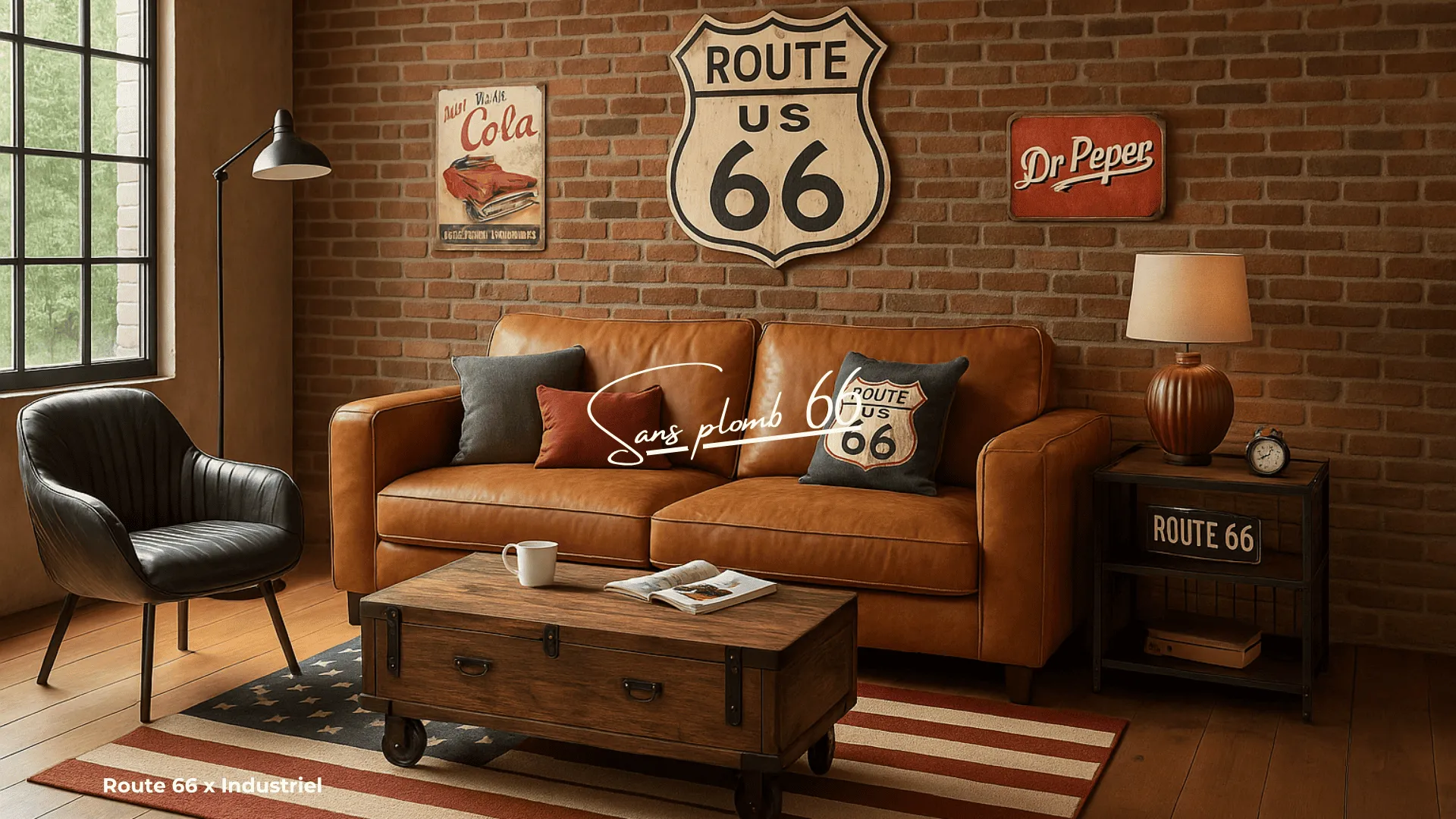 Salon immersif inspiré de la Route 66, aménagé par Mobimmo avec mur en briques, canapé en cuir et décoration vintage américaine pour offrir une expérience Airbnb unique et mémorable.