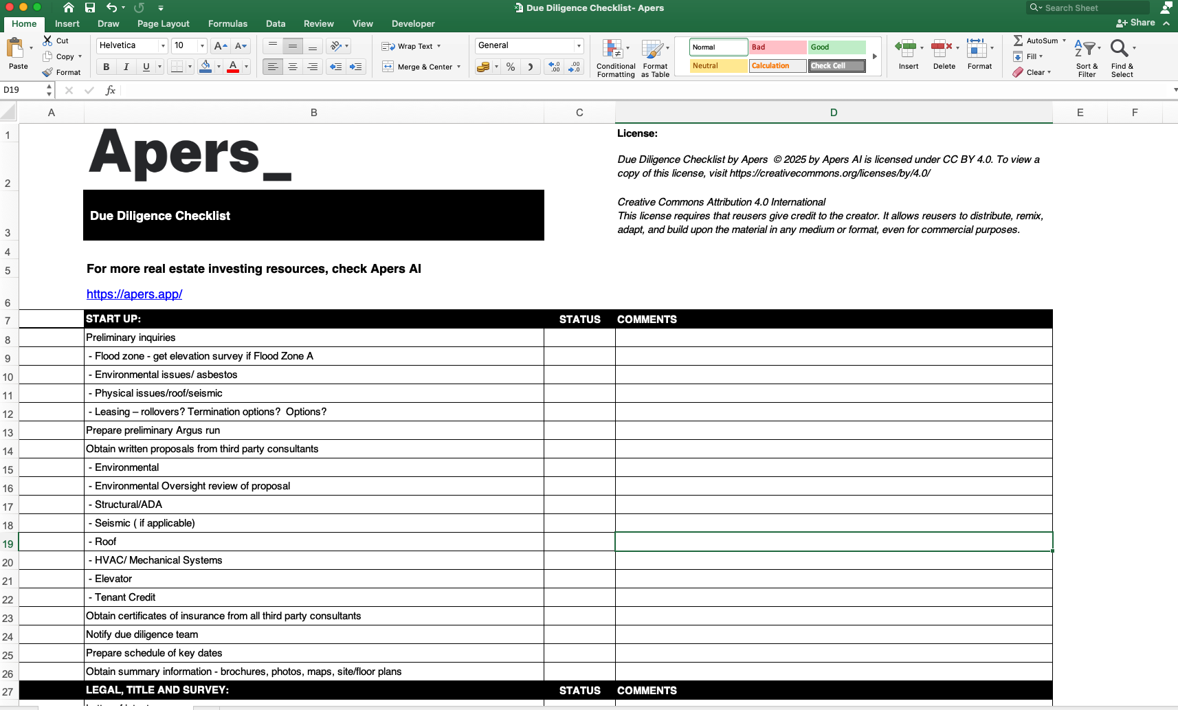 Commercial real estate due diligence checklist spreadsheet by Apers AI