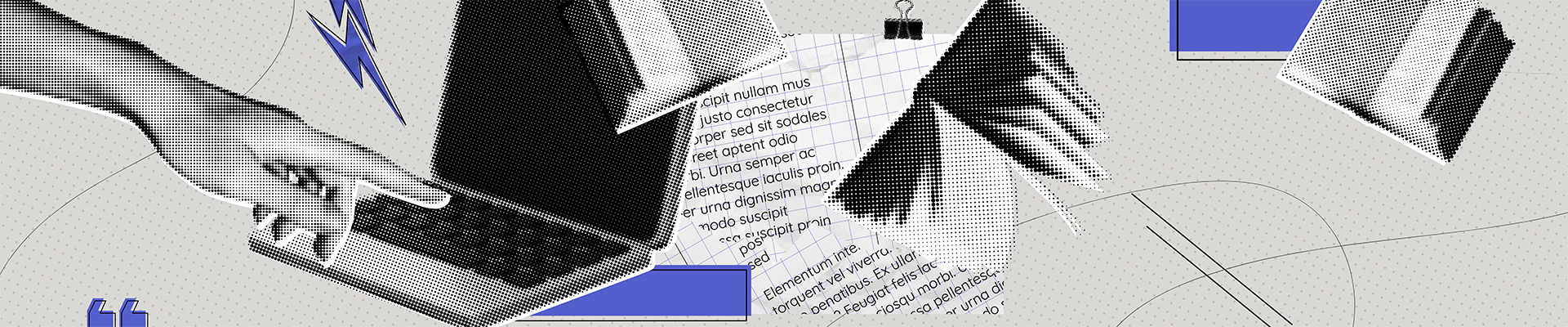 Collage digitale astratto con elementi grafici e testi tipografici.