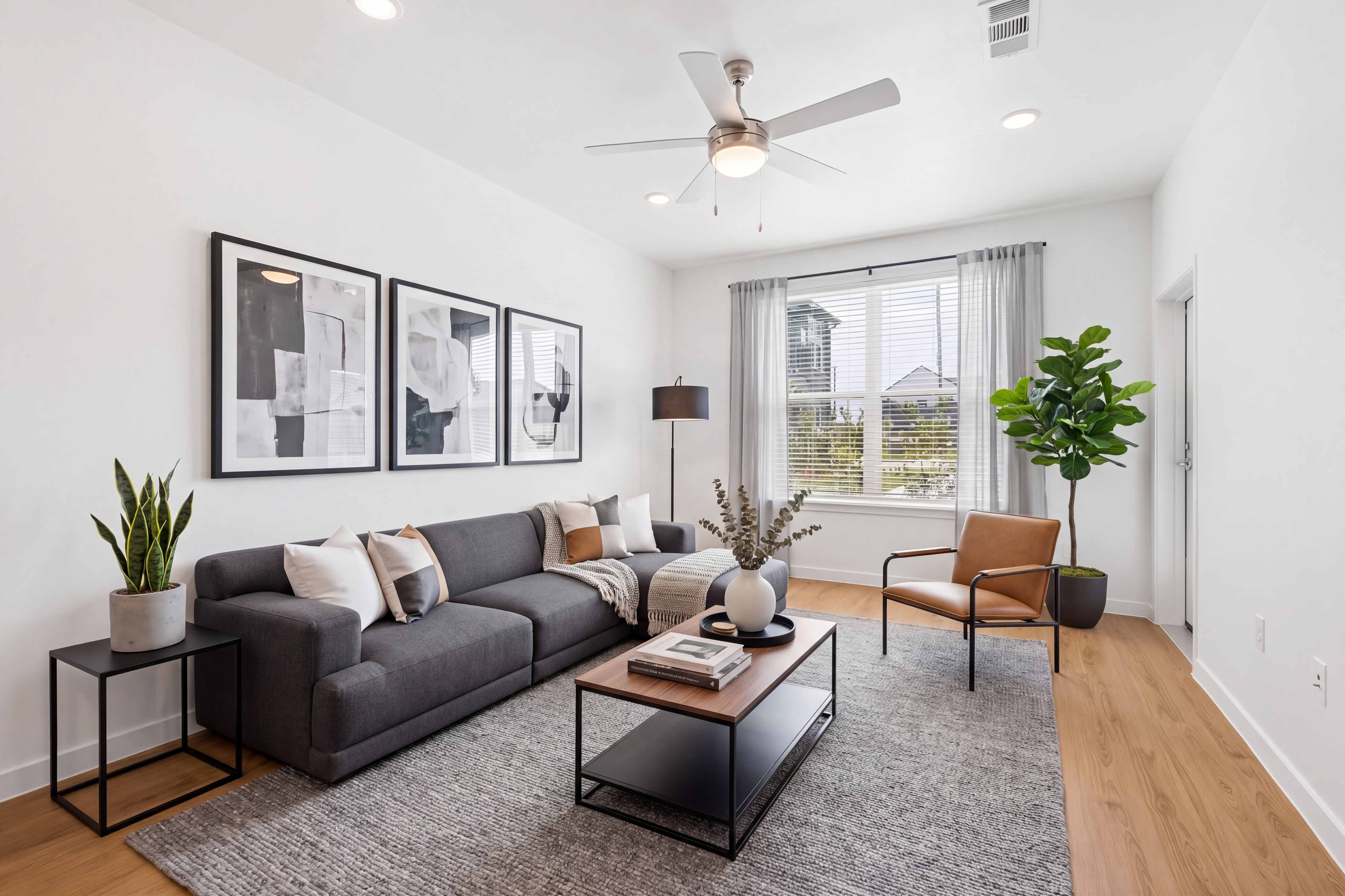 Living room with light brown flooring