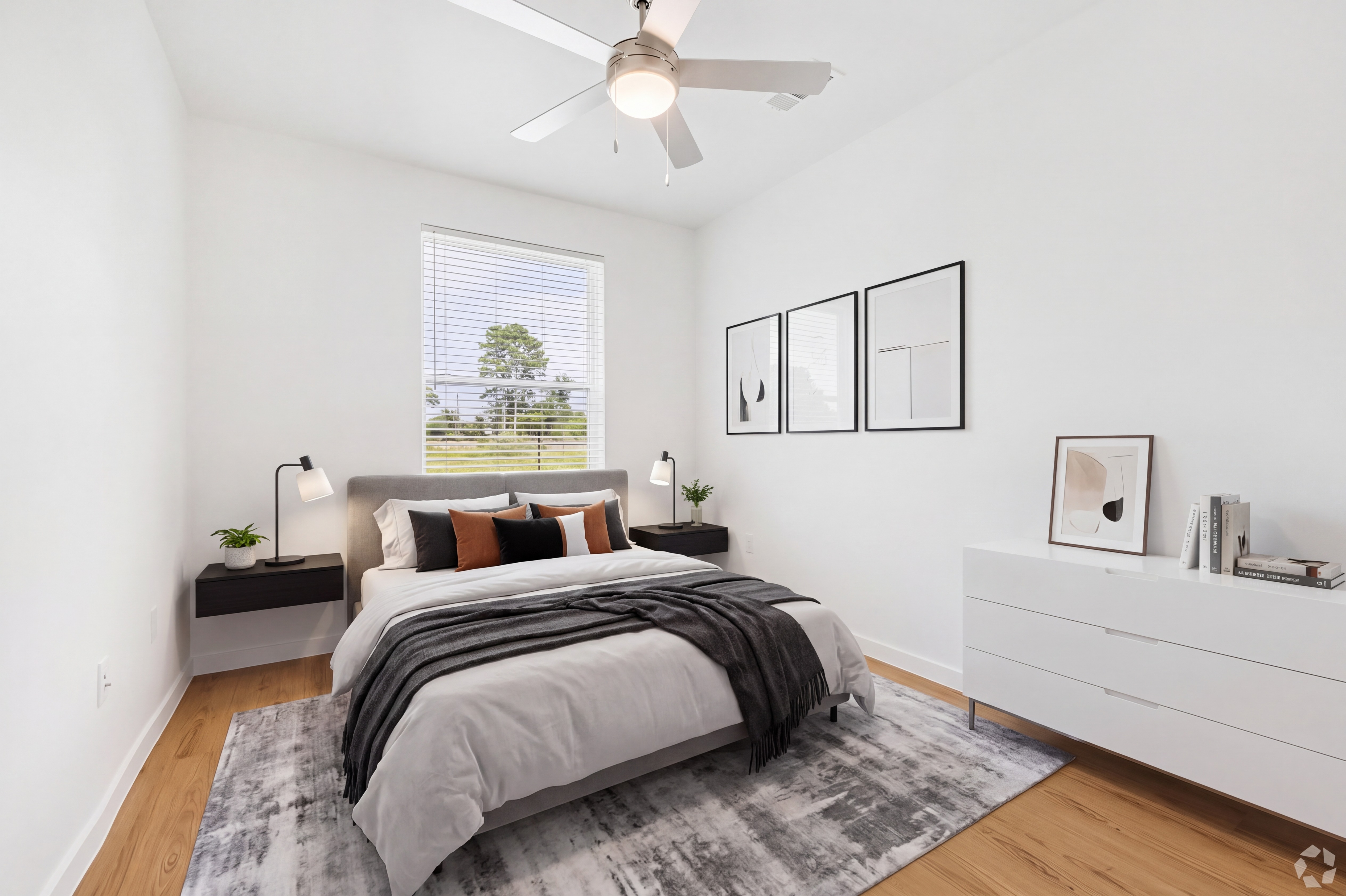 Bedroom with light brown flooring
