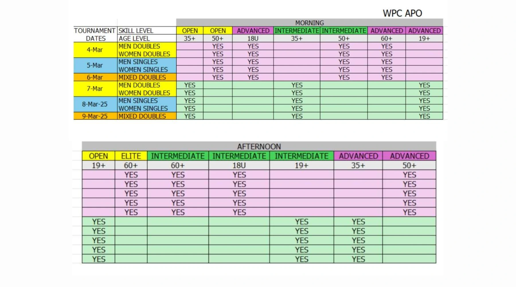 Official tournament schedule for the WPC Series pickleball event