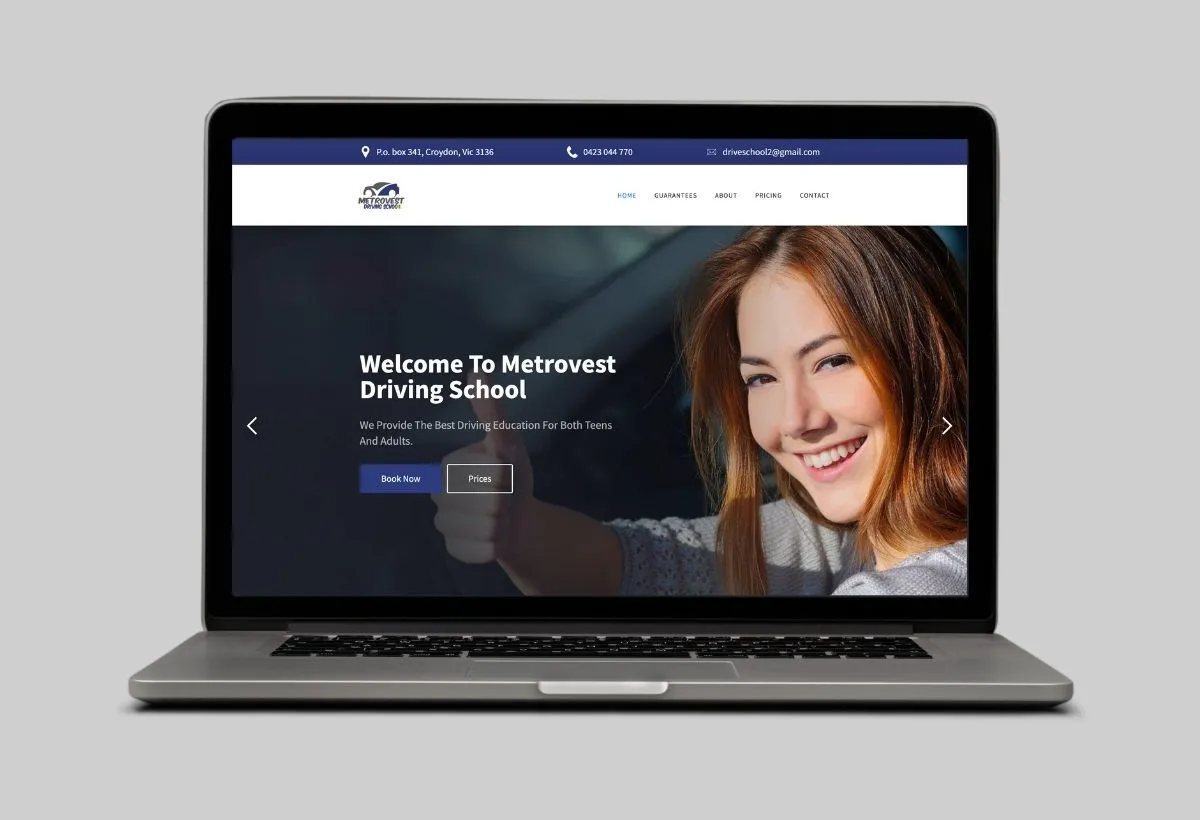 Screenshot of Metrovest driving school's homepage mockup designed by Joseph Potential