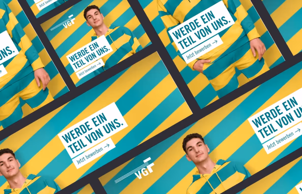A repeated, dynamic graphic design featuring a young man wearing a yellow and teal striped hoodie, with the German text "WERDE EIN TEIL VON UNS." (Become a part of us.) and "Jetzt bewerben →" (Apply now →), and the VGF logo