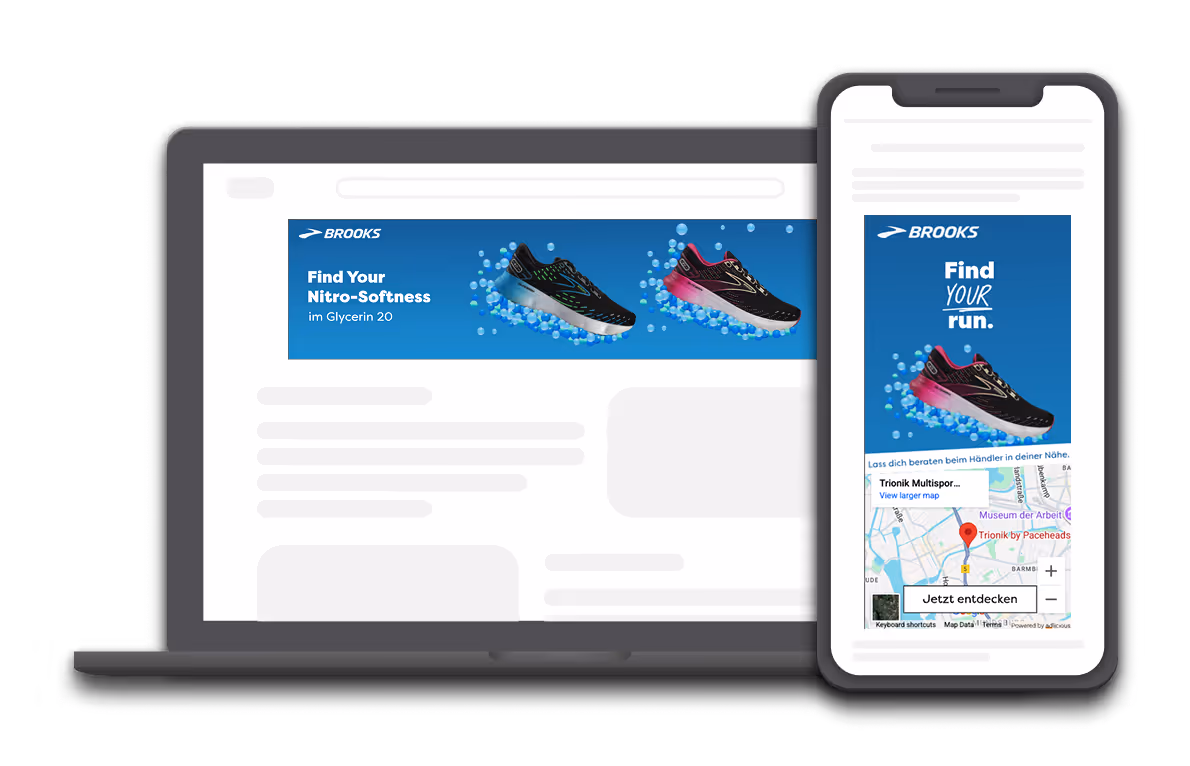 A laptop and smartphone displaying ads for Brooks running shoes, featuring the Glycerin 20 shoes and the text "Find Your Nitro-Softness."