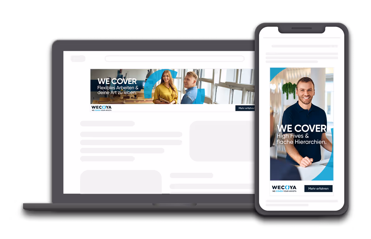 A laptop displaying a horizontal ad and a smartphone displaying a vertical ad for WECOYA, both featuring smiling professionals and the slogan "WE COVER".