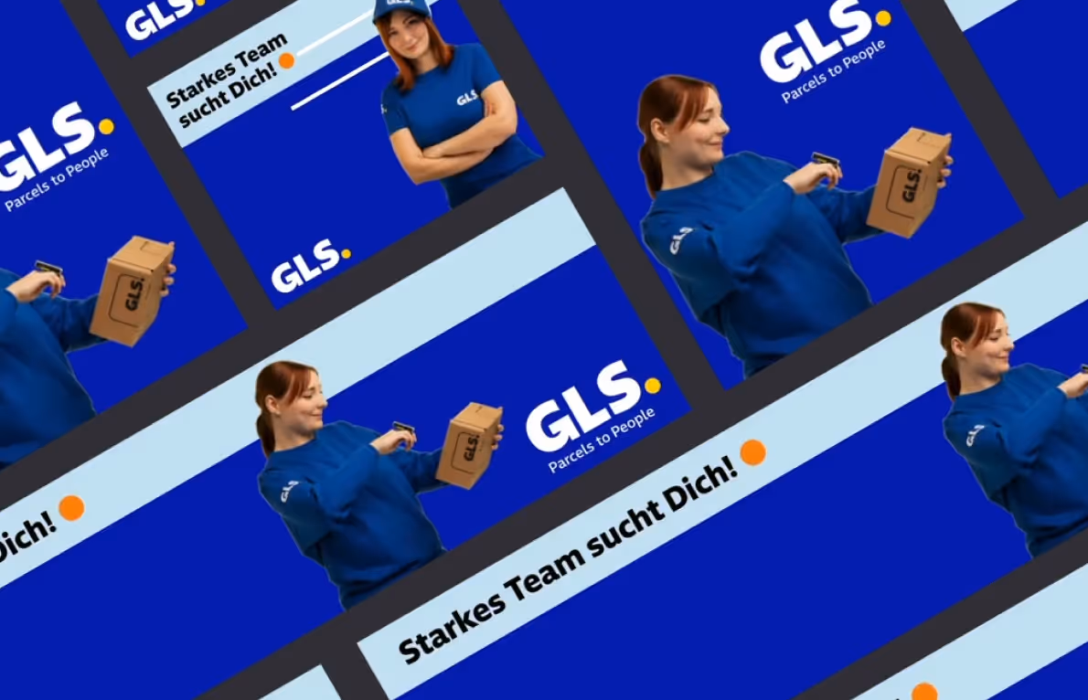 A repeated, dynamic graphic design for GLS, featuring women in blue uniforms and the German text "Starkes Team sucht Dich!" (Strong team is looking for you!).