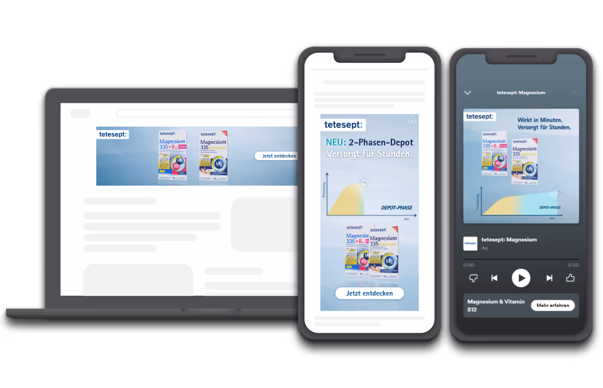 A laptop and smartphone displaying ads for tetesept Magnesium, promoting the new 2-Phase-Depot with a graph and product images.