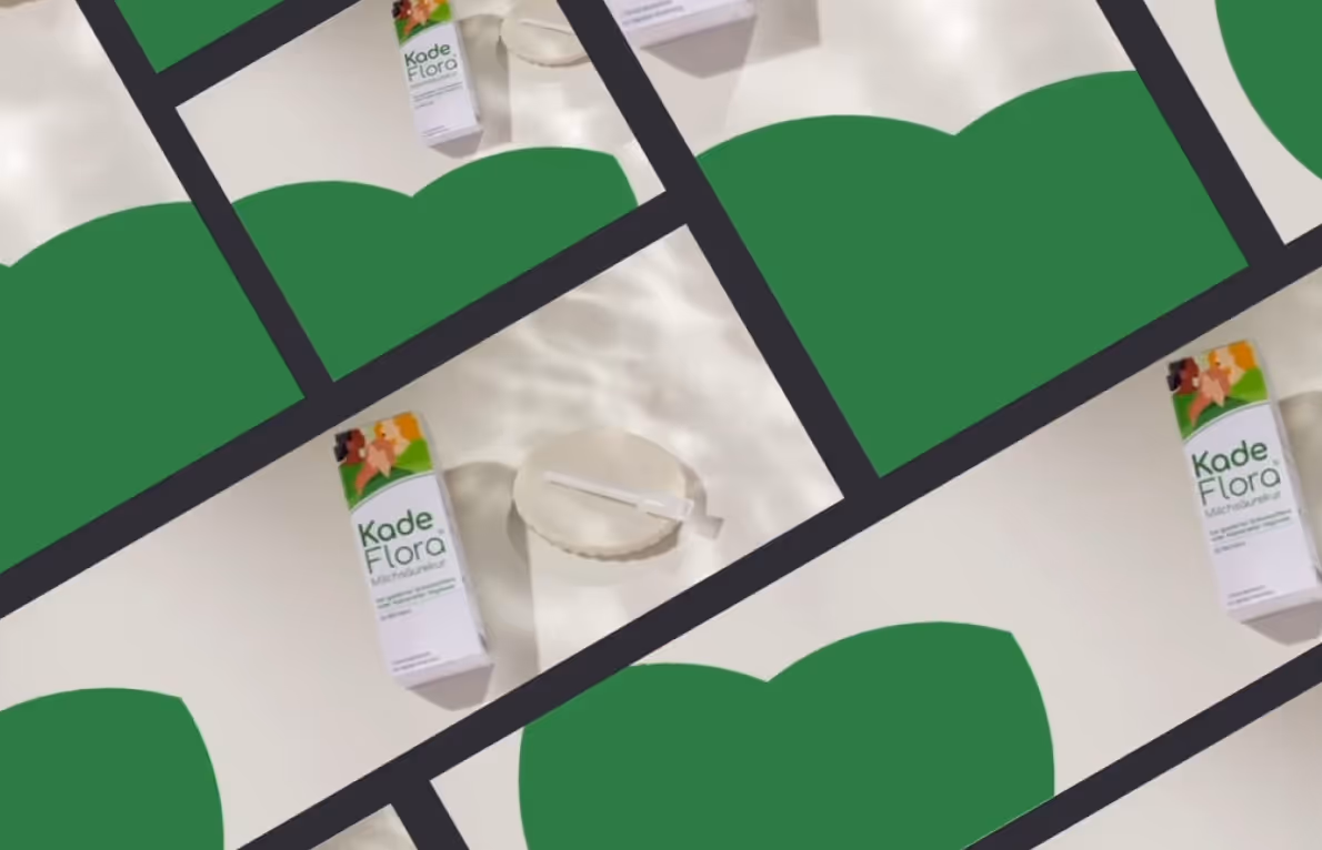 A repeated, dynamic ad design for Kade Flora, showing the product box next to a small, round applicator on a light surface with water ripples.