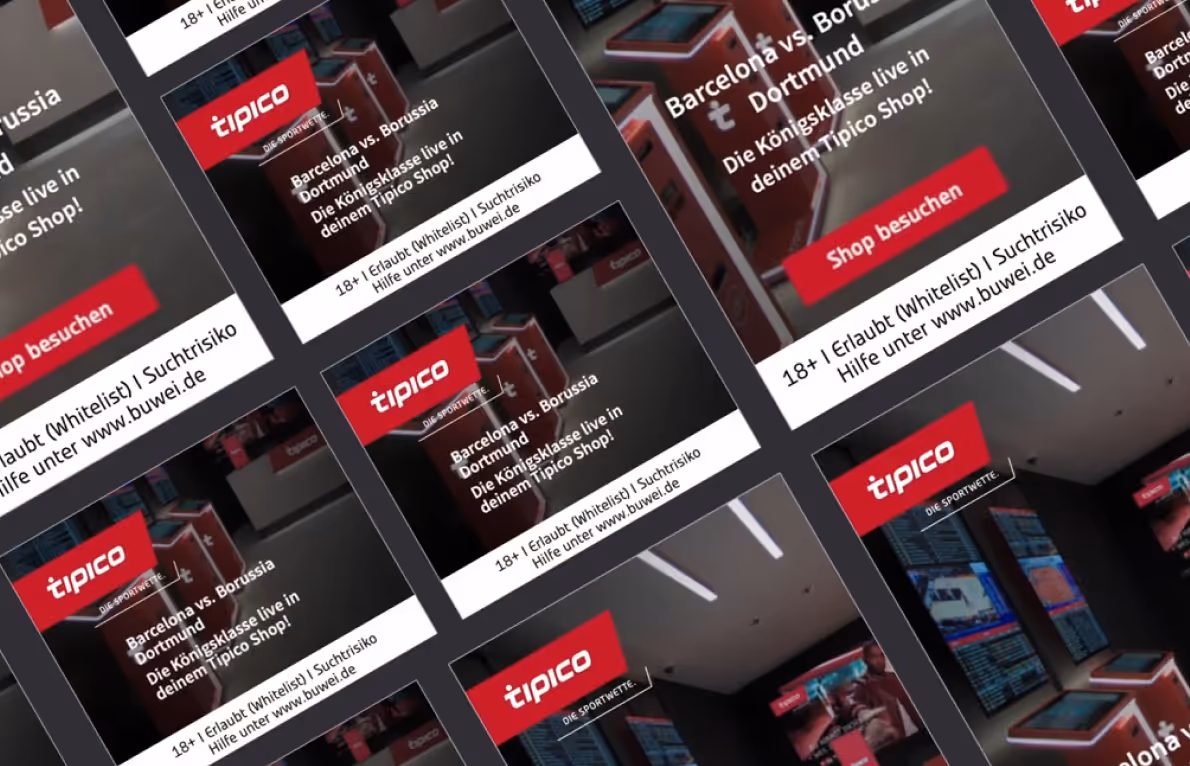 A repeated, dynamic ad design for Tipico featuring the text "Barcelona vs. Borussia Dortmund" and promoting a live viewing in a Tipico Shop.