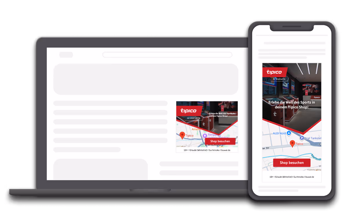 A laptop and smartphone displaying ads for Tipico, promoting sports betting and live viewing of events in a Tipico Shop with a location map.