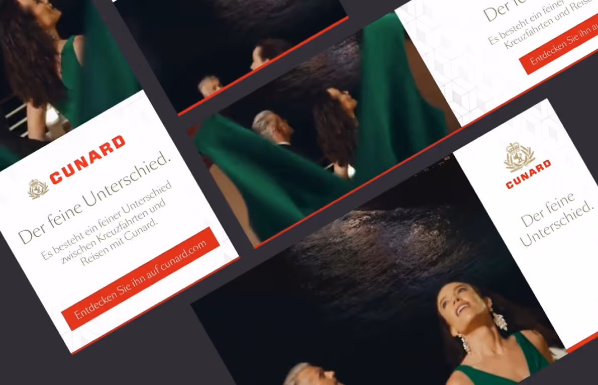 Collage of digital ads for Cunard cruises in German, featuring a woman in a green dress and text that reads "Der feine Unterschied" (The fine difference).