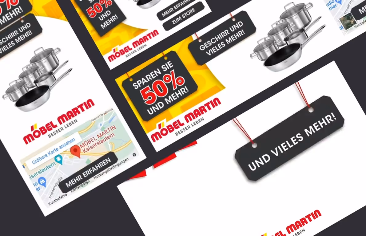 Collage of digital ads for Möbel Martin featuring cookware, a red 50% off discount tag, and text advertising savings on dishware and more.