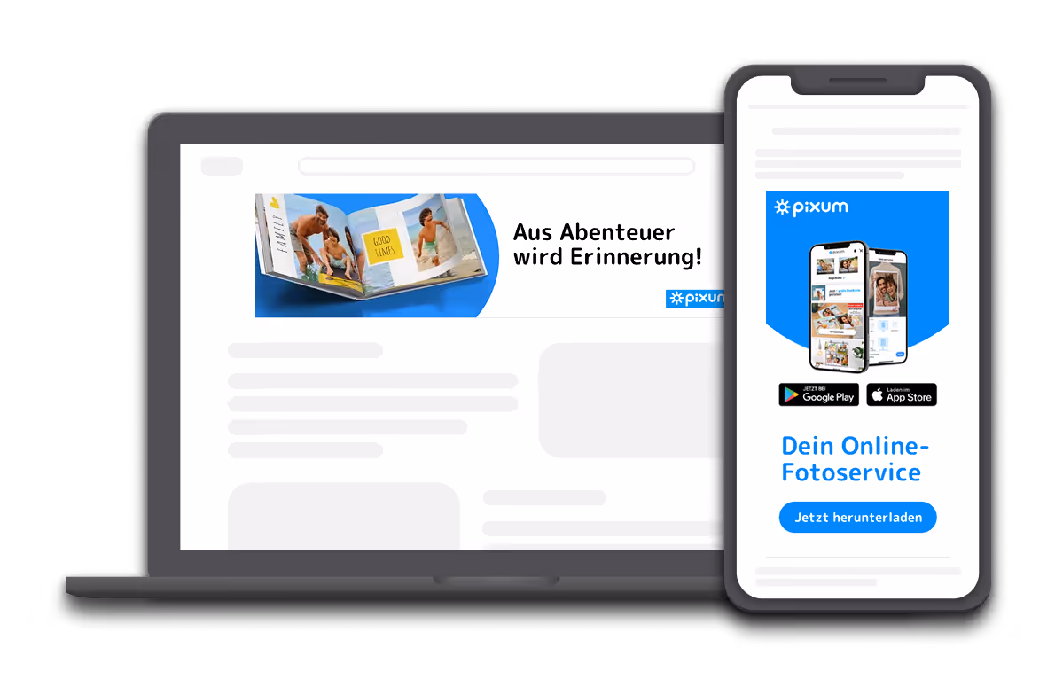 A desktop banner and mobile ad for Pixum photo service. The banner shows a photo book, and the mobile ad features phones displaying photo products.